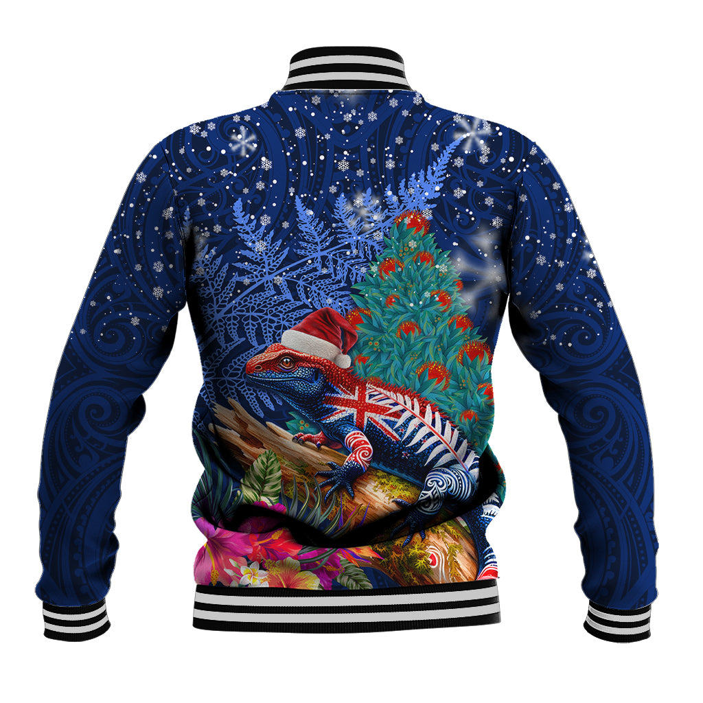 New Zealand Tuatara Christmas Baseball Jacket Silver Fern and Xmas Pohutukawa Tree Blue Color