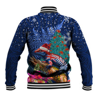 New Zealand Tuatara Christmas Baseball Jacket Silver Fern and Xmas Pohutukawa Tree Blue Color