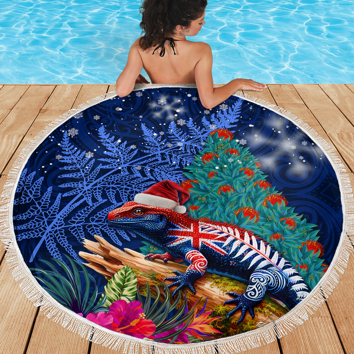 New Zealand Tuatara Christmas Beach Blanket Silver Fern and Xmas Pohutukawa Tree Blue Color