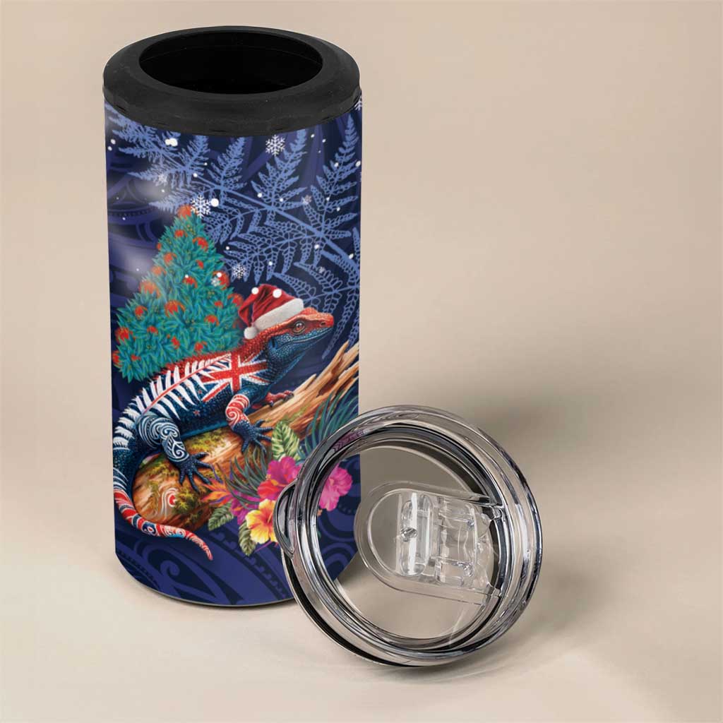 New Zealand Tuatara Christmas 4 in 1 Can Cooler Tumbler Silver Fern and Xmas Pohutukawa Tree Blue Color