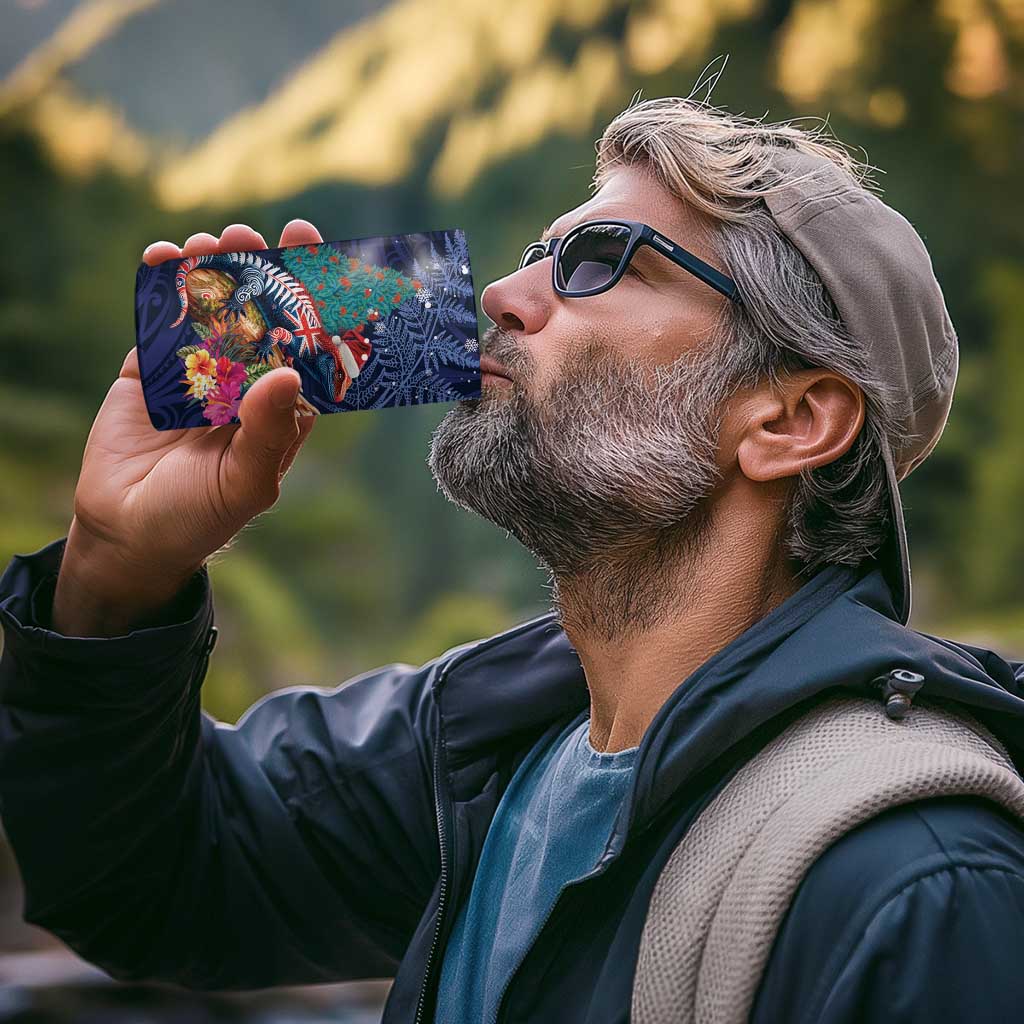 New Zealand Tuatara Christmas 4 in 1 Can Cooler Tumbler Silver Fern and Xmas Pohutukawa Tree Blue Color