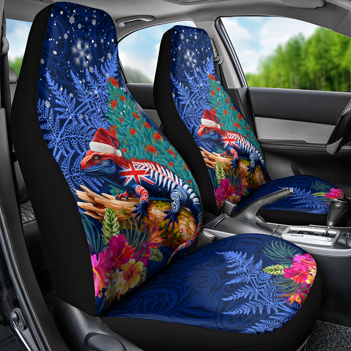 New Zealand Tuatara Christmas Car Seat Cover Silver Fern and Xmas Pohutukawa Tree Blue Color