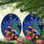 New Zealand Tuatara Christmas Ceramic Ornament Silver Fern and Xmas Pohutukawa Tree Blue Color