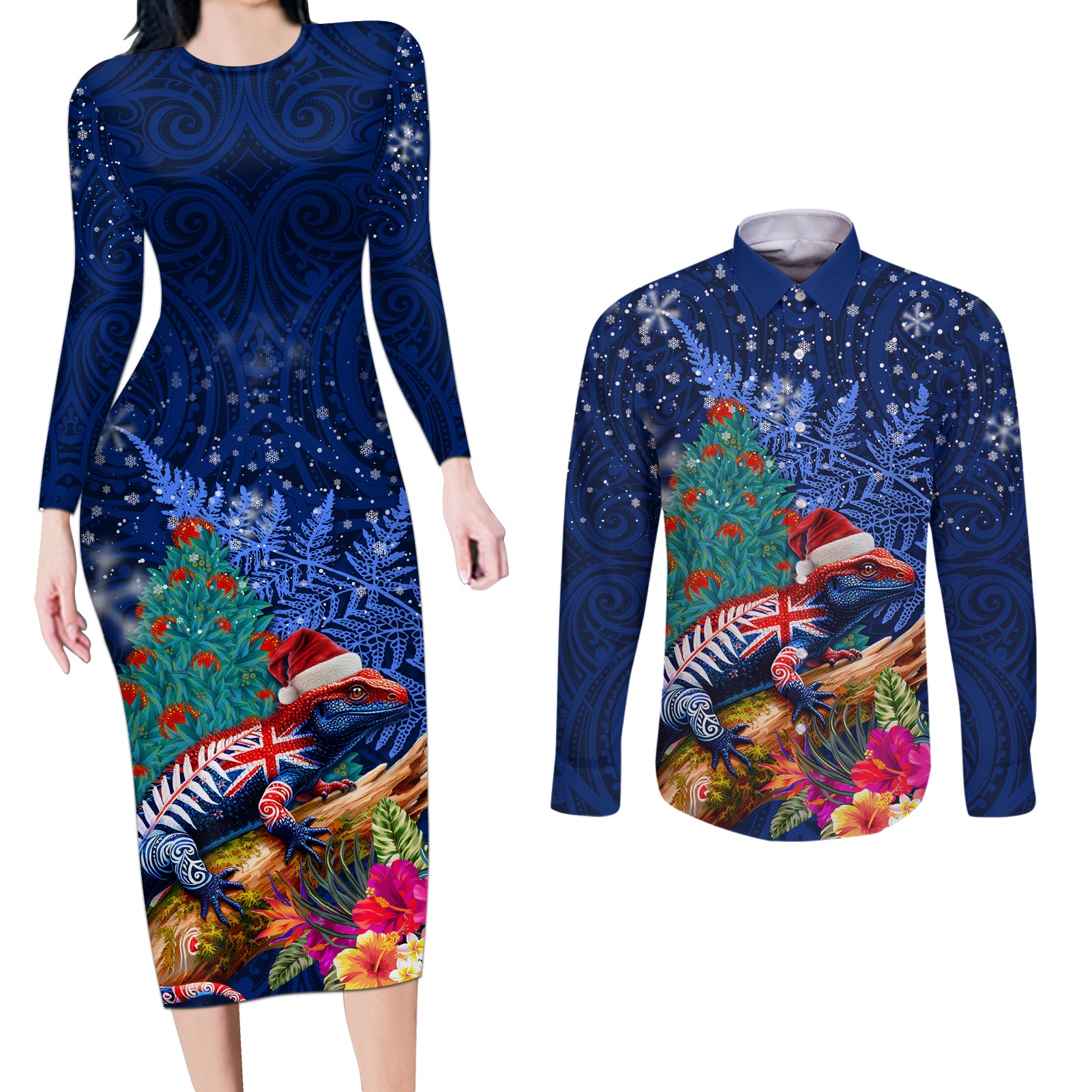New Zealand Tuatara Christmas Couples Matching Long Sleeve Bodycon Dress and Long Sleeve Button Shirt Silver Fern and Xmas Pohutukawa Tree Blue Color