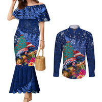 New Zealand Tuatara Christmas Couples Matching Mermaid Dress and Long Sleeve Button Shirt Silver Fern and Xmas Pohutukawa Tree Blue Color