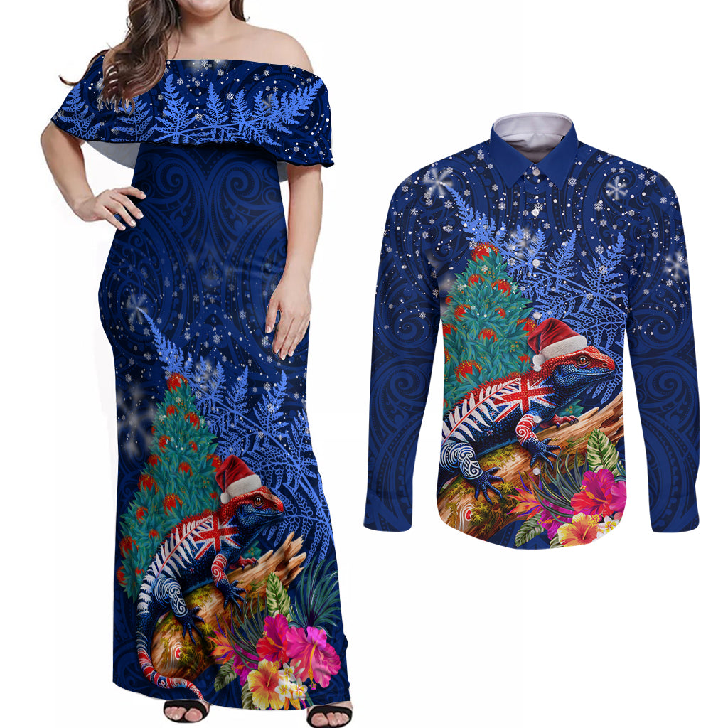New Zealand Tuatara Christmas Couples Matching Off Shoulder Maxi Dress and Long Sleeve Button Shirt Silver Fern and Xmas Pohutukawa Tree Blue Color