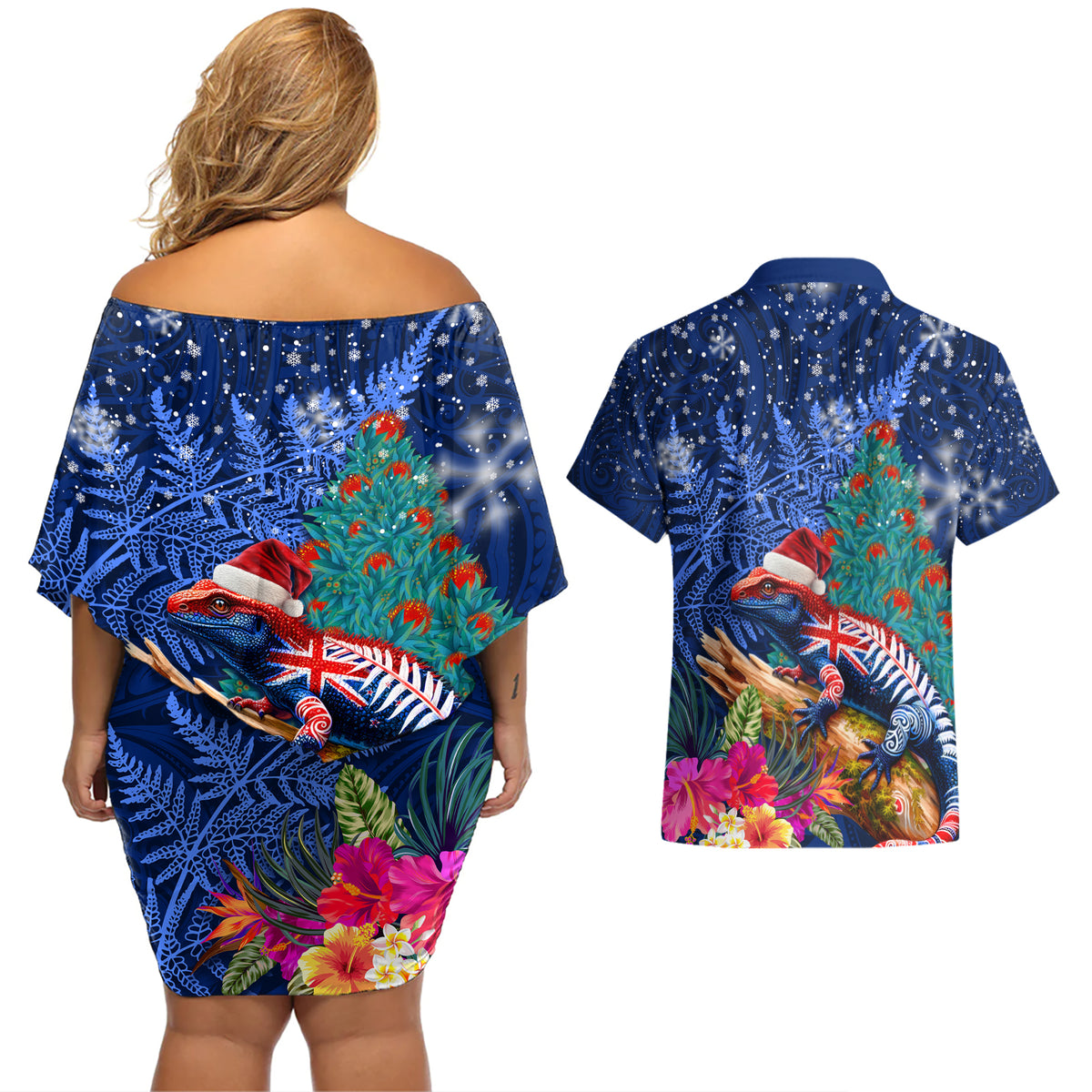 New Zealand Tuatara Christmas Couples Matching Off Shoulder Short Dress and Hawaiian Shirt Silver Fern and Xmas Pohutukawa Tree Blue Color