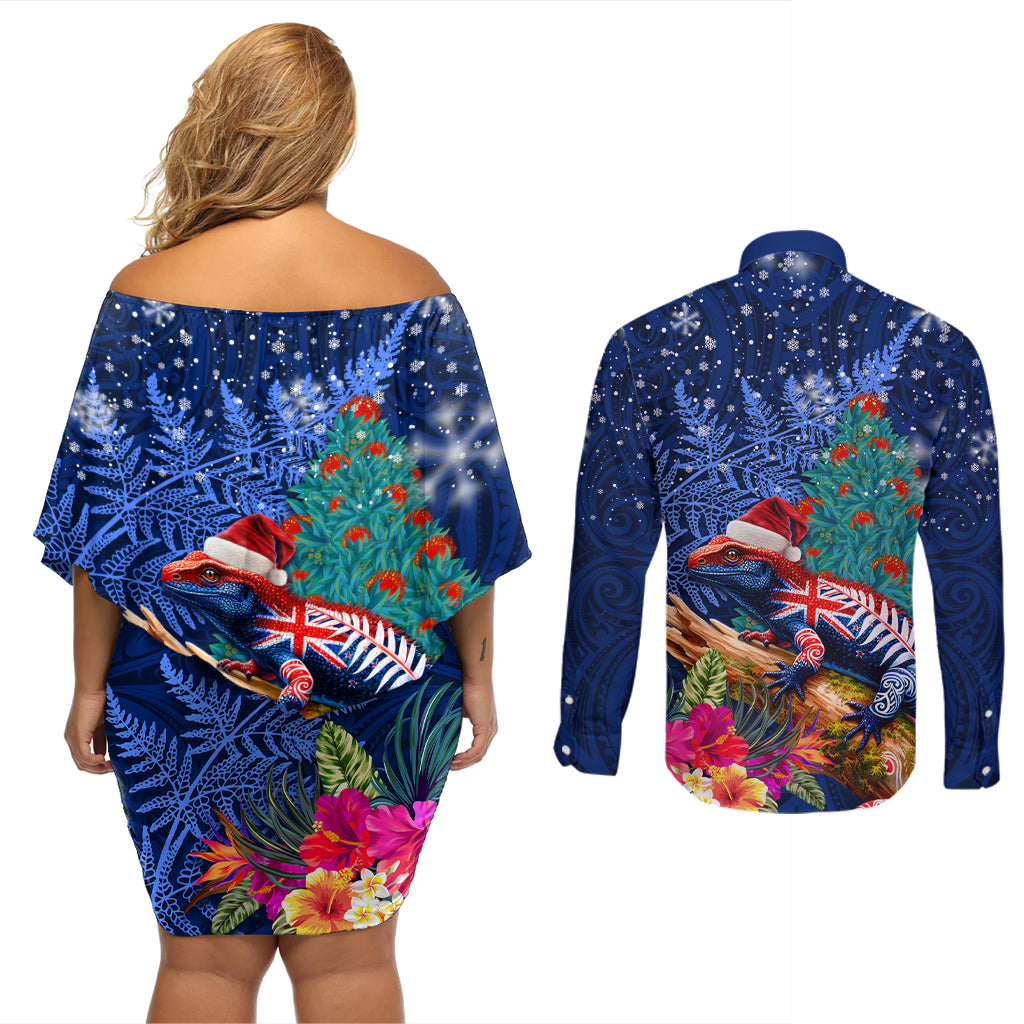 New Zealand Tuatara Christmas Couples Matching Off Shoulder Short Dress and Long Sleeve Button Shirt Silver Fern and Xmas Pohutukawa Tree Blue Color