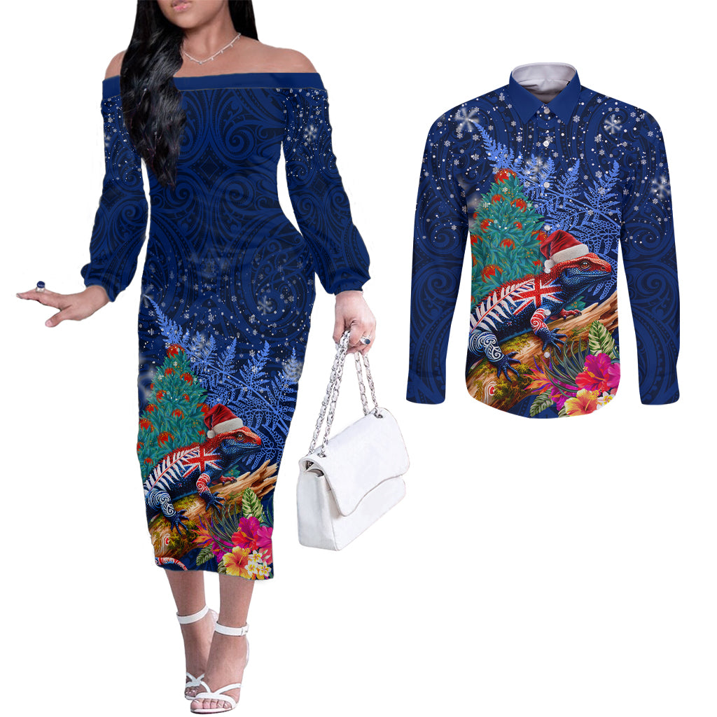 New Zealand Tuatara Christmas Couples Matching Off The Shoulder Long Sleeve Dress and Long Sleeve Button Shirt Silver Fern and Xmas Pohutukawa Tree Blue Color
