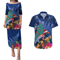 New Zealand Tuatara Christmas Couples Matching Puletasi and Hawaiian Shirt Silver Fern and Xmas Pohutukawa Tree Blue Color