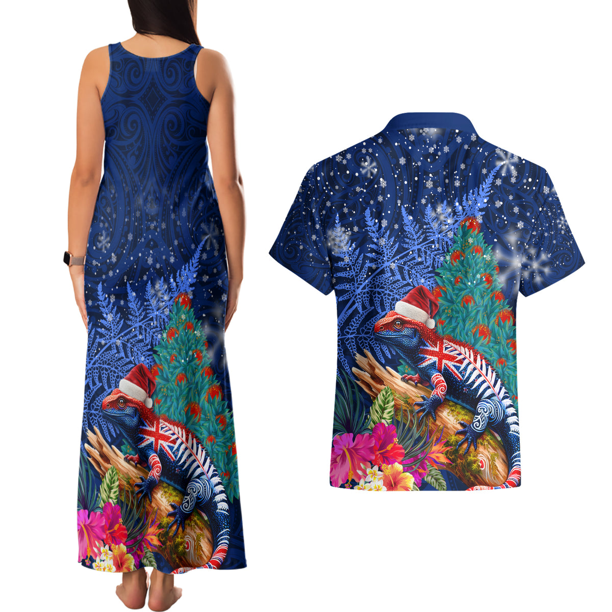 New Zealand Tuatara Christmas Couples Matching Tank Maxi Dress and Hawaiian Shirt Silver Fern and Xmas Pohutukawa Tree Blue Color