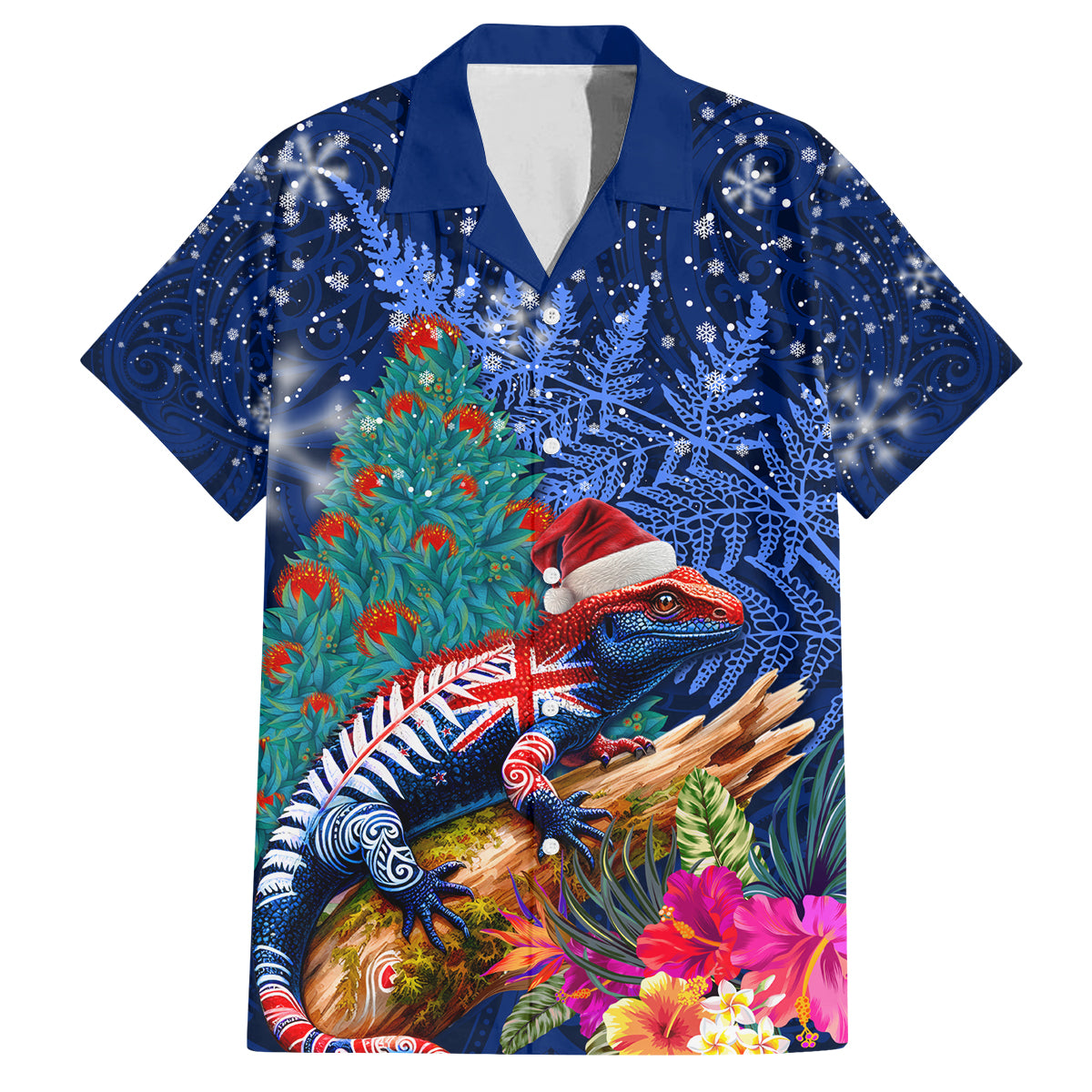 New Zealand Tuatara Christmas Family Matching Long Sleeve Bodycon Dress and Hawaiian Shirt Silver Fern and Xmas Pohutukawa Tree Blue Color