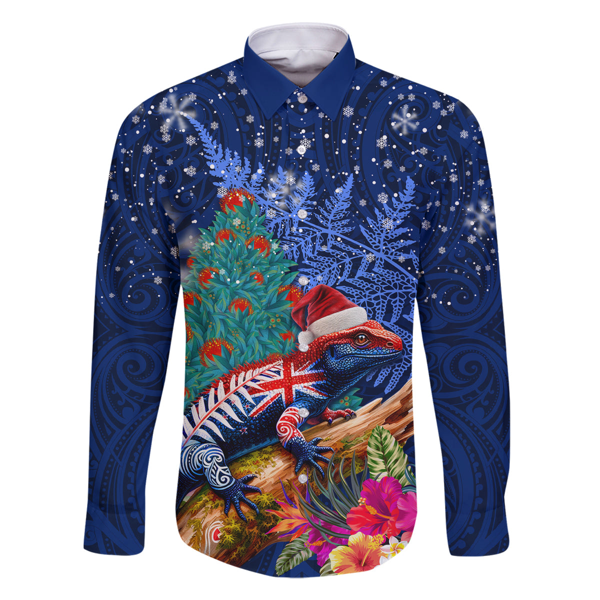 New Zealand Tuatara Christmas Family Matching Long Sleeve Bodycon Dress and Hawaiian Shirt Silver Fern and Xmas Pohutukawa Tree Blue Color
