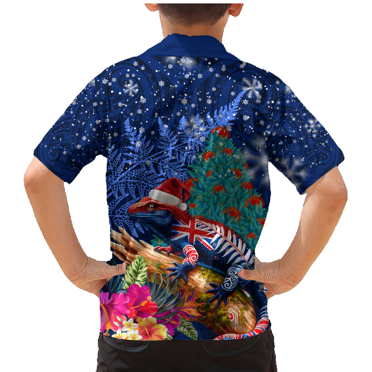 New Zealand Tuatara Christmas Family Matching Mermaid Dress and Hawaiian Shirt Silver Fern and Xmas Pohutukawa Tree Blue Color