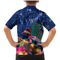 New Zealand Tuatara Christmas Family Matching Mermaid Dress and Hawaiian Shirt Silver Fern and Xmas Pohutukawa Tree Blue Color