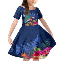 New Zealand Tuatara Christmas Family Matching Mermaid Dress and Hawaiian Shirt Silver Fern and Xmas Pohutukawa Tree Blue Color