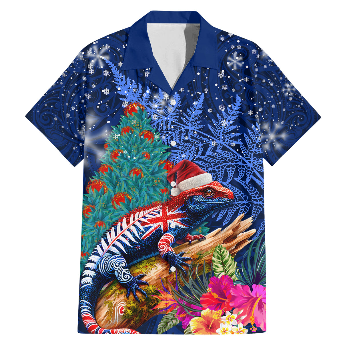 New Zealand Tuatara Christmas Family Matching Mermaid Dress and Hawaiian Shirt Silver Fern and Xmas Pohutukawa Tree Blue Color