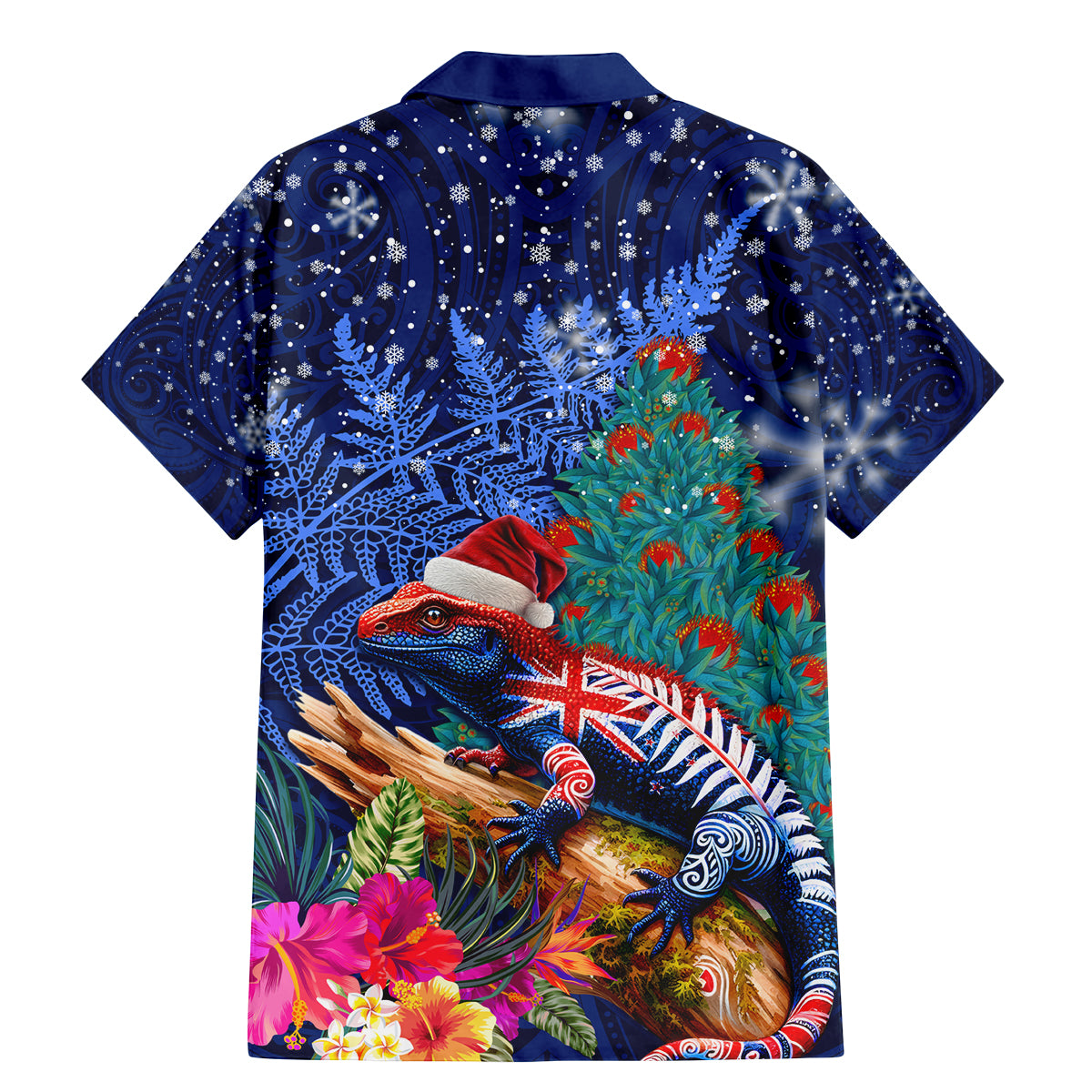New Zealand Tuatara Christmas Family Matching Mermaid Dress and Hawaiian Shirt Silver Fern and Xmas Pohutukawa Tree Blue Color
