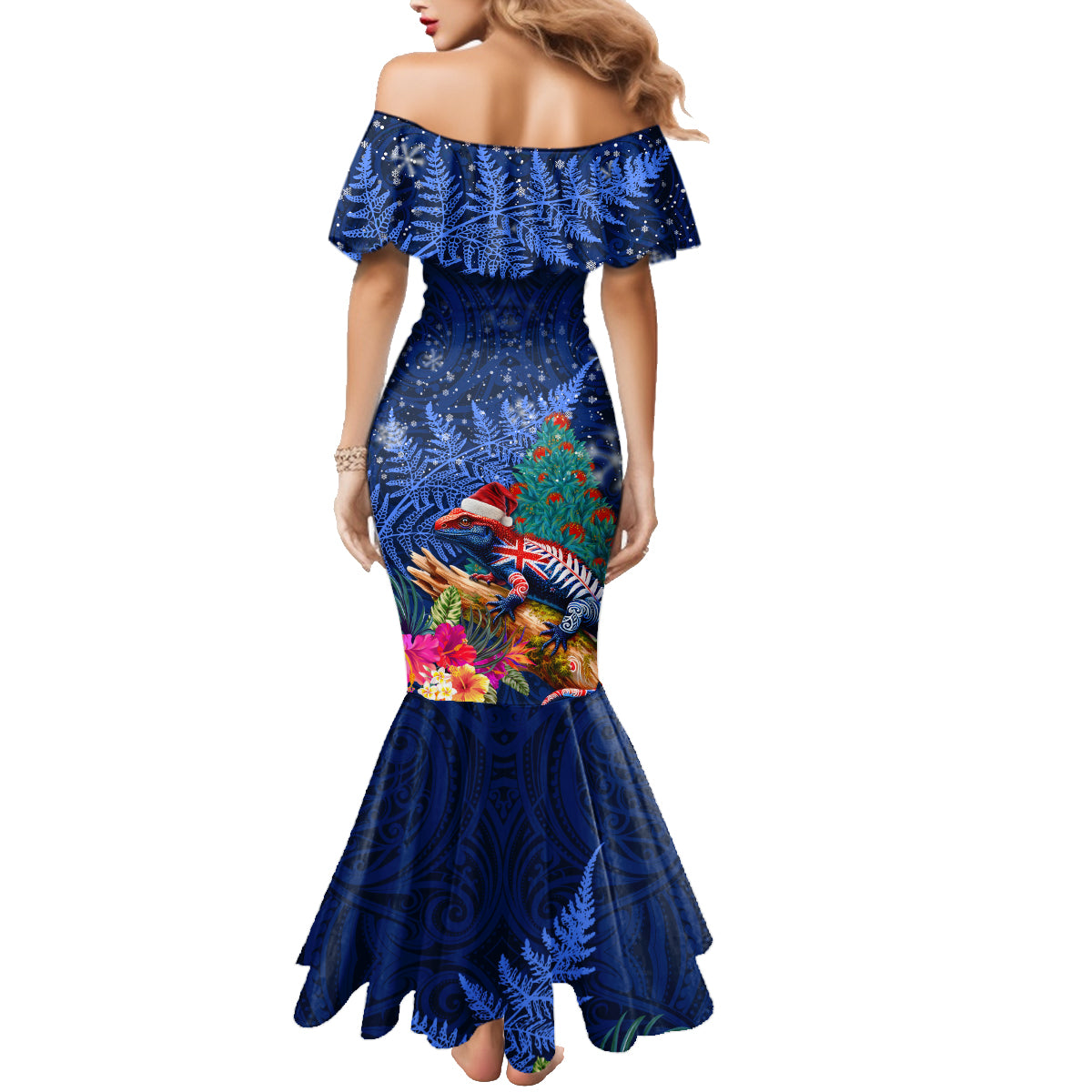 New Zealand Tuatara Christmas Family Matching Mermaid Dress and Hawaiian Shirt Silver Fern and Xmas Pohutukawa Tree Blue Color