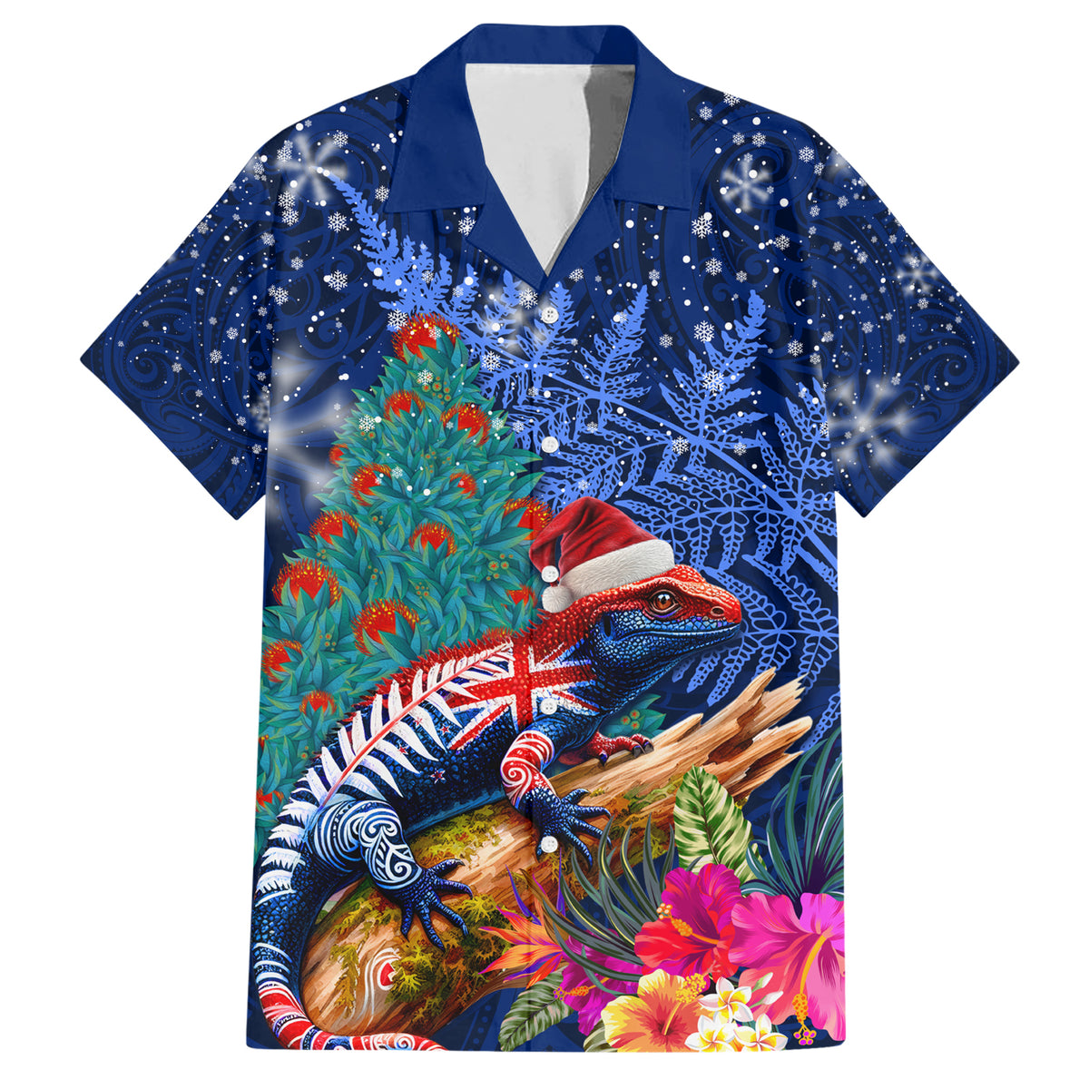 New Zealand Tuatara Christmas Family Matching Short Sleeve Bodycon Dress and Hawaiian Shirt Silver Fern and Xmas Pohutukawa Tree Blue Color