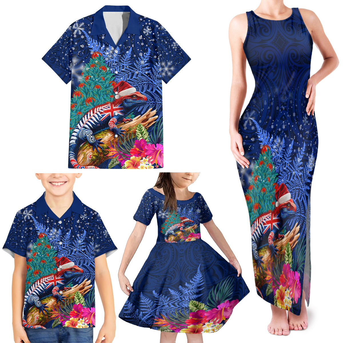 New Zealand Tuatara Christmas Family Matching Tank Maxi Dress and Hawaiian Shirt Silver Fern and Xmas Pohutukawa Tree Blue Color