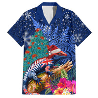 New Zealand Tuatara Christmas Family Matching Tank Maxi Dress and Hawaiian Shirt Silver Fern and Xmas Pohutukawa Tree Blue Color