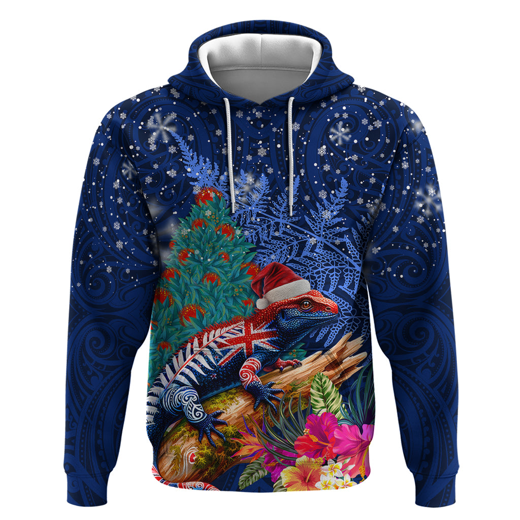 New Zealand Tuatara Christmas Hoodie Silver Fern and Xmas Pohutukawa Tree Blue Color