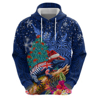 New Zealand Tuatara Christmas Hoodie Silver Fern and Xmas Pohutukawa Tree Blue Color