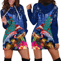 New Zealand Tuatara Christmas Hoodie Dress Silver Fern and Xmas Pohutukawa Tree Blue Color LT03 - Polynesian Pride
