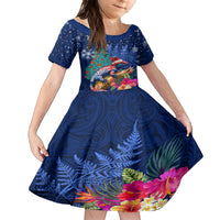 New Zealand Tuatara Christmas Kid Short Sleeve Dress Silver Fern and Xmas Pohutukawa Tree Blue Color LT03 KID Blue - Polynesian Pride