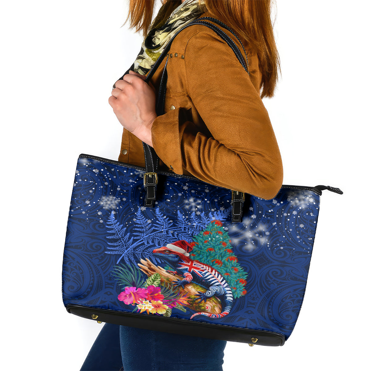 New Zealand Tuatara Christmas Leather Tote Bag Silver Fern and Xmas Pohutukawa Tree Blue Color