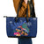 New Zealand Tuatara Christmas Leather Tote Bag Silver Fern and Xmas Pohutukawa Tree Blue Color