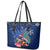 New Zealand Tuatara Christmas Leather Tote Bag Silver Fern and Xmas Pohutukawa Tree Blue Color