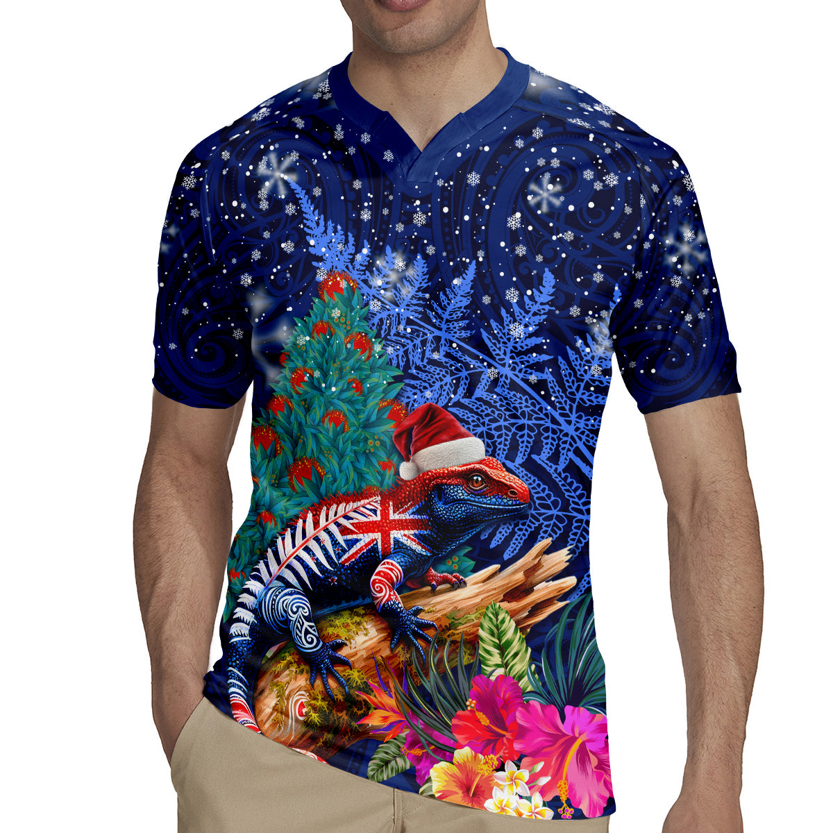 New Zealand Tuatara Christmas Rugby Jersey Silver Fern and Xmas Pohutukawa Tree Blue Color