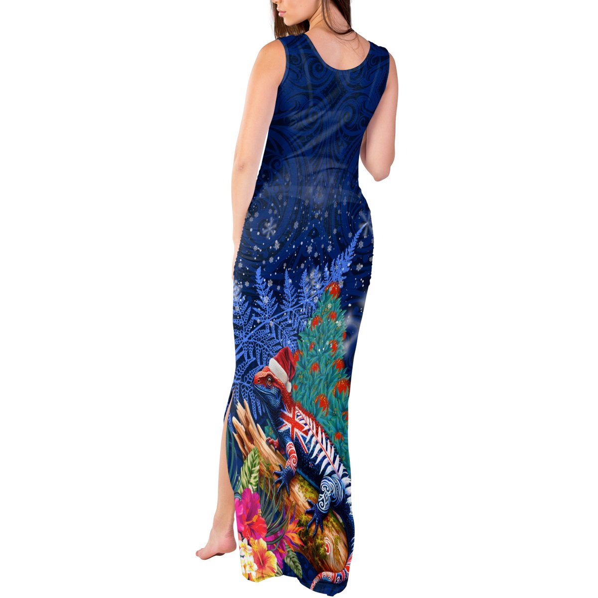 New Zealand Tuatara Christmas Tank Maxi Dress Silver Fern and Xmas Pohutukawa Tree Blue Color LT03 - Polynesian Pride