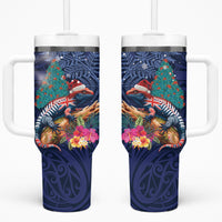 New Zealand Tuatara Christmas Tumbler With Handle Silver Fern and Xmas Pohutukawa Tree Blue Color
