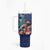 New Zealand Tuatara Christmas Tumbler With Handle Silver Fern and Xmas Pohutukawa Tree Blue Color