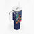 New Zealand Tuatara Christmas Tumbler With Handle Silver Fern and Xmas Pohutukawa Tree Blue Color