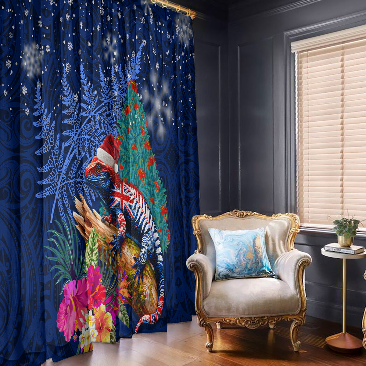New Zealand Tuatara Christmas Window Curtain Silver Fern and Xmas Pohutukawa Tree Blue Color