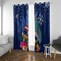 New Zealand Tuatara Christmas Window Curtain Silver Fern and Xmas Pohutukawa Tree Blue Color