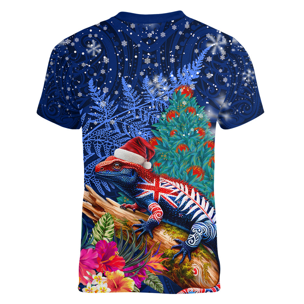 New Zealand Tuatara Christmas Women V-Neck T-Shirt Silver Fern and Xmas Pohutukawa Tree Blue Color