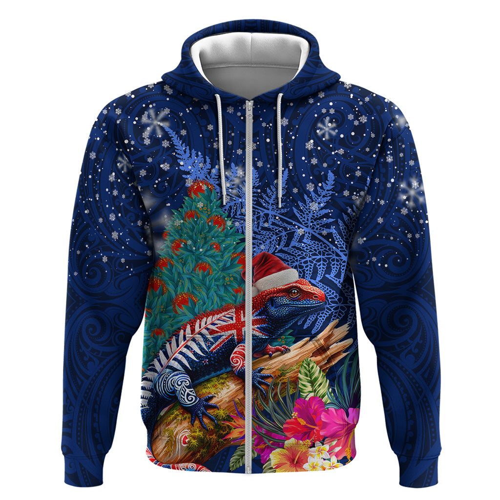 New Zealand Tuatara Christmas Zip Hoodie Silver Fern and Xmas Pohutukawa Tree Blue Color LT03 Zip Hoodie Blue - Polynesian Pride