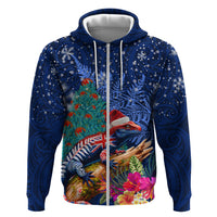 New Zealand Tuatara Christmas Zip Hoodie Silver Fern and Xmas Pohutukawa Tree Blue Color LT03 Zip Hoodie Blue - Polynesian Pride
