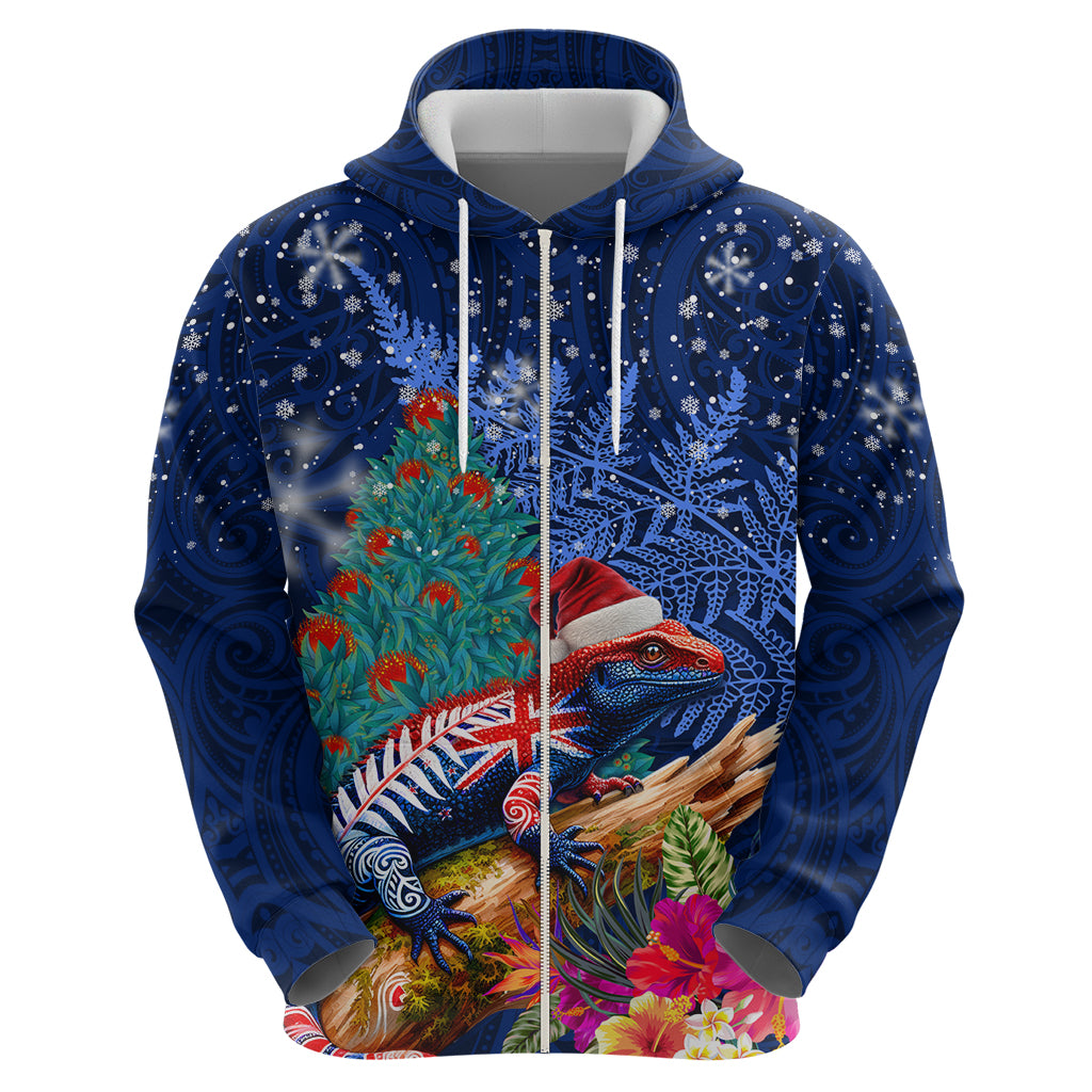 New Zealand Tuatara Christmas Zip Hoodie Silver Fern and Xmas Pohutukawa Tree Blue Color LT03 - Polynesian Pride