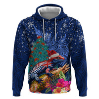 New Zealand Tuatara Christmas Zip Hoodie Silver Fern and Xmas Pohutukawa Tree Blue Color LT03 Pullover Hoodie Blue - Polynesian Pride