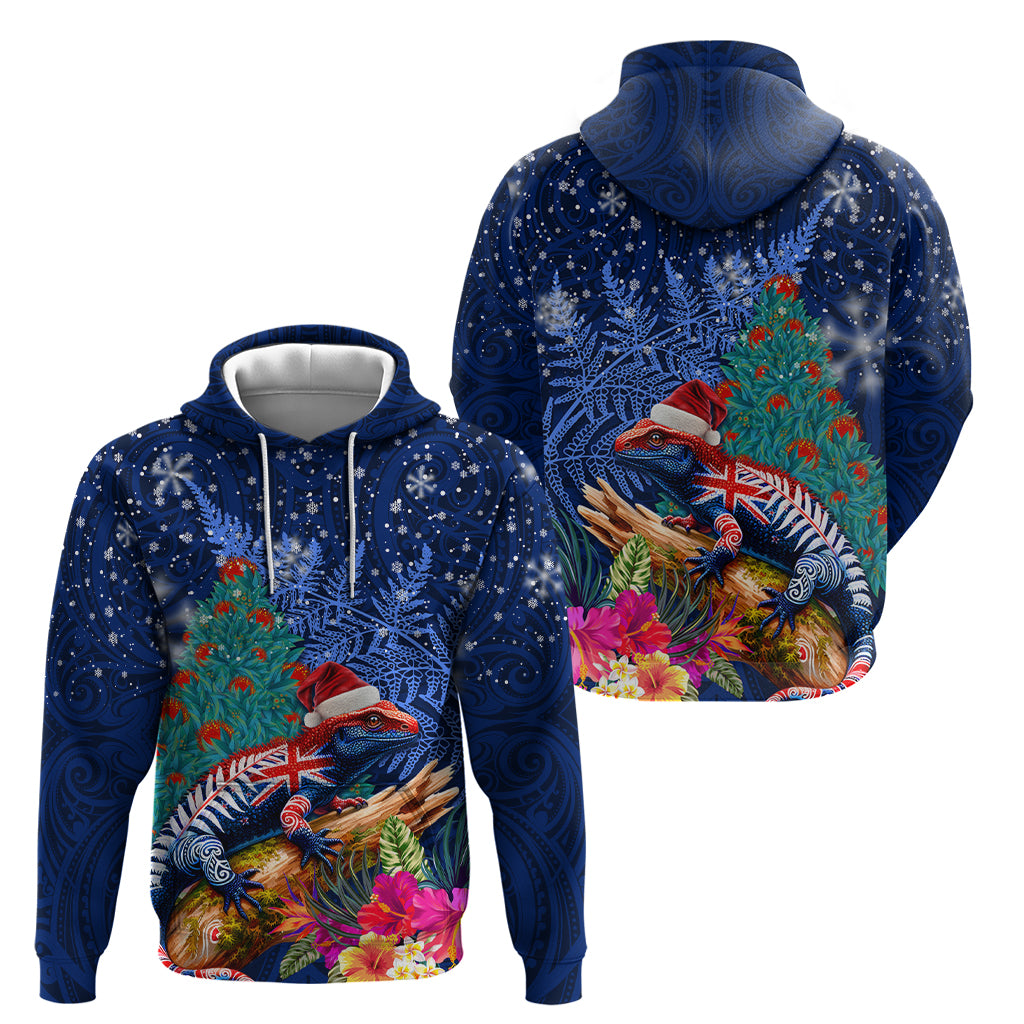 New Zealand Tuatara Christmas Zip Hoodie Silver Fern and Xmas Pohutukawa Tree Blue Color LT03 - Polynesian Pride