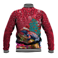 New Zealand Tuatara Christmas Baseball Jacket Silver Fern and Xmas Pohutukawa Tree Red Color