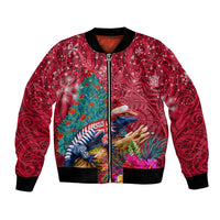 New Zealand Tuatara Christmas Bomber Jacket Silver Fern and Xmas Pohutukawa Tree Red Color
