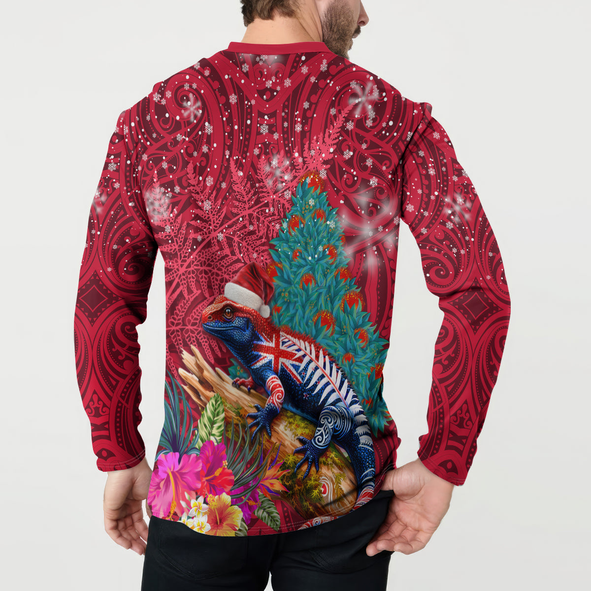 New Zealand Tuatara Christmas Button Sweatshirt Silver Fern and Xmas Pohutukawa Tree Red Color