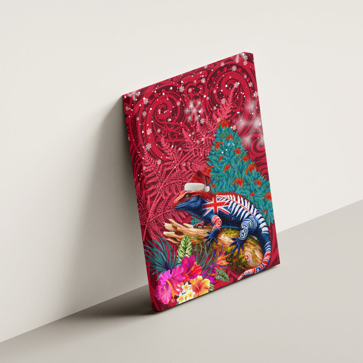 New Zealand Tuatara Christmas Canvas Wall Art Silver Fern and Xmas Pohutukawa Tree Red Color